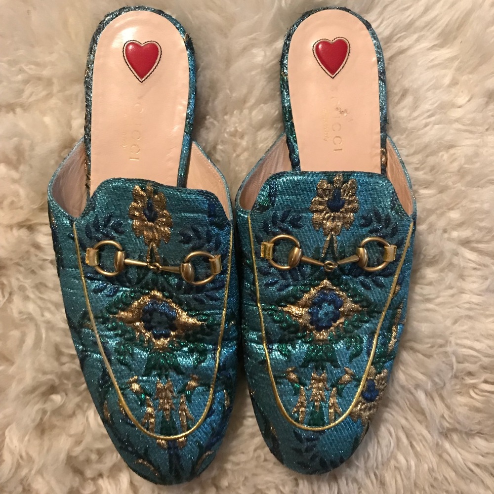 Gucci Princetown Brocade Slippers, Size 38